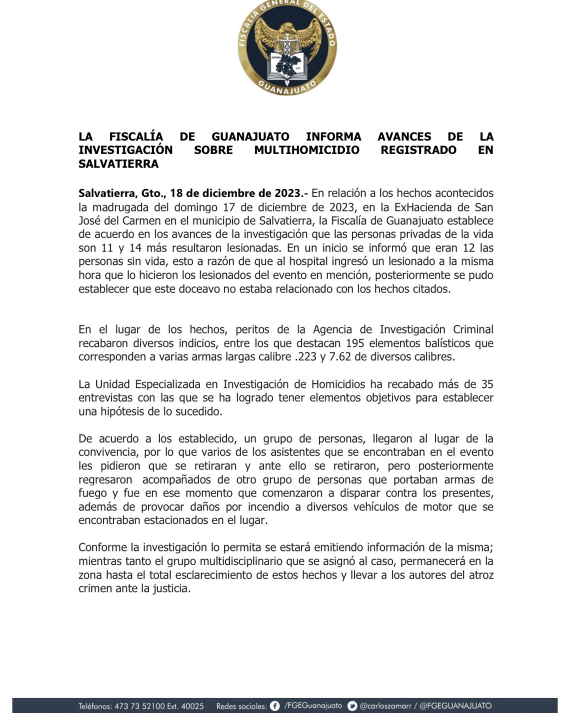 Comunicado de la FGE sobre masacre en Salvatierra
